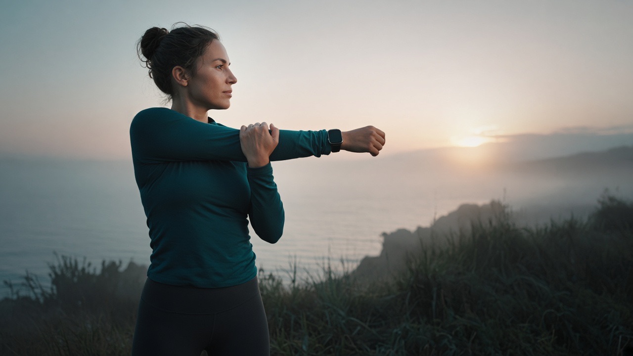 A person walking at dawn with a watch on their wrist