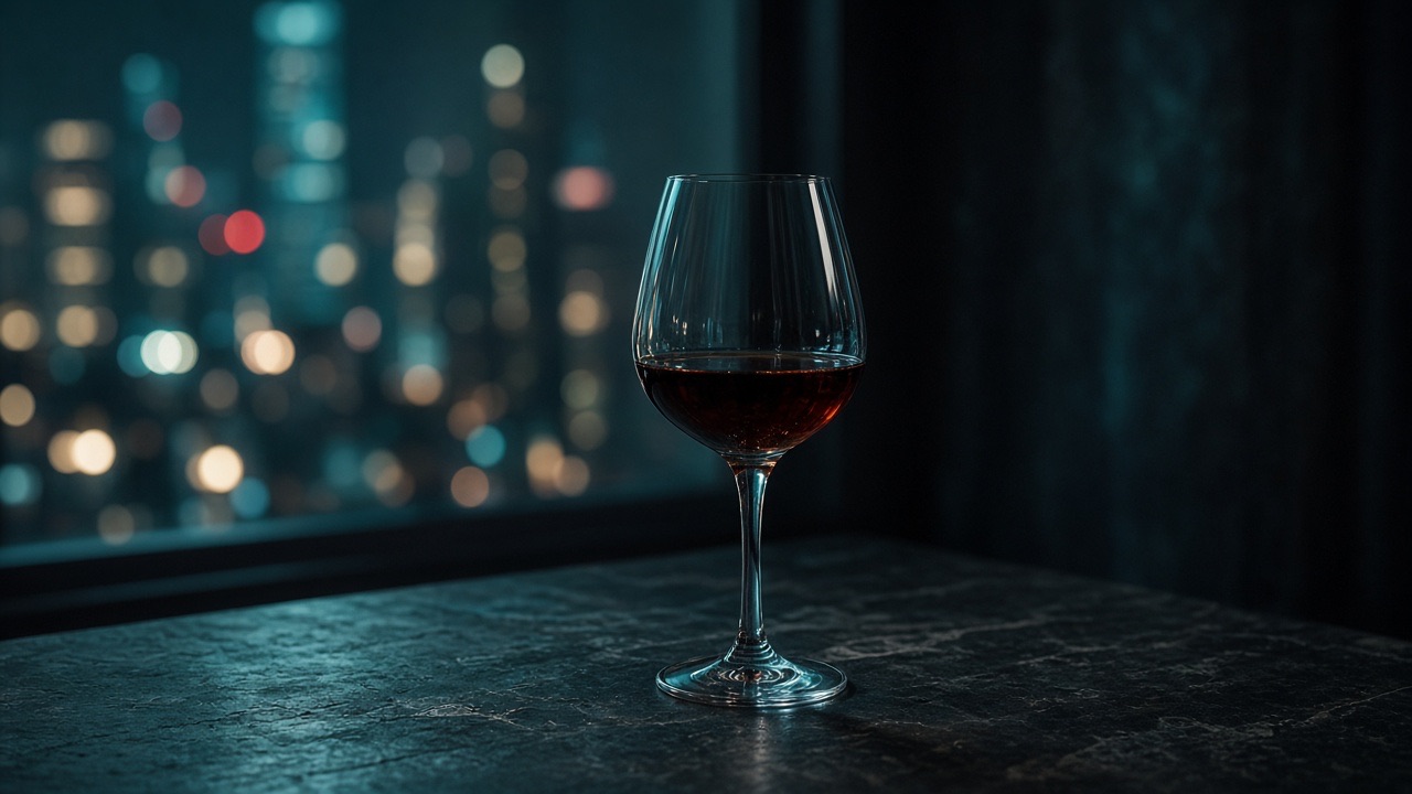 A single glass of wine on a table at night