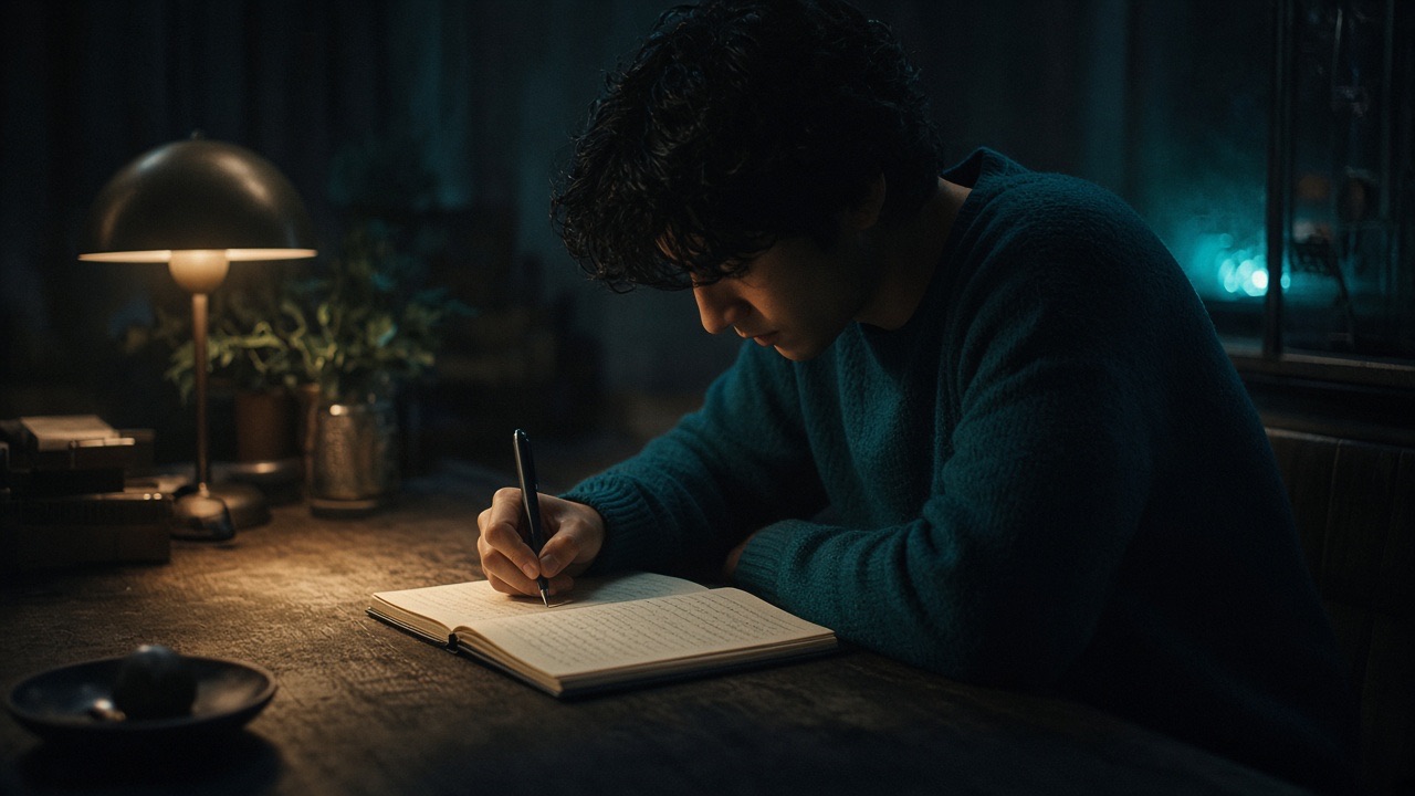 A quiet desk with a private journal and a lamp