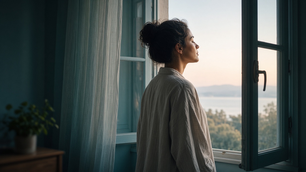 A person breathing fresh morning air at an open window
