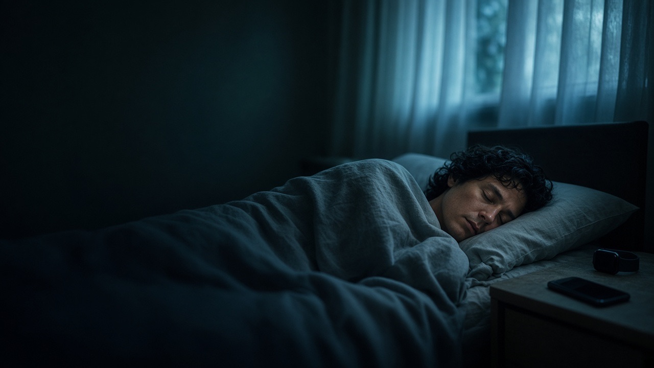 A person asleep in a dim, calm bedroom at night