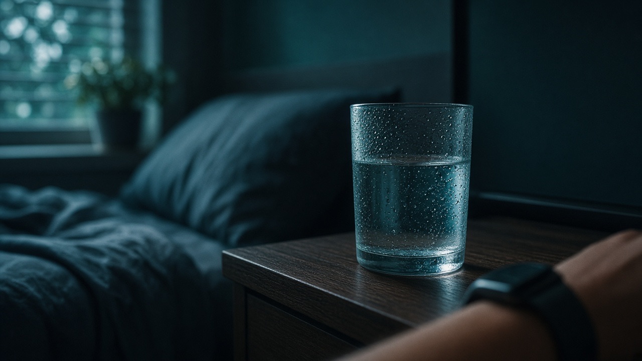 A glass of water on a table in soft teal morning light