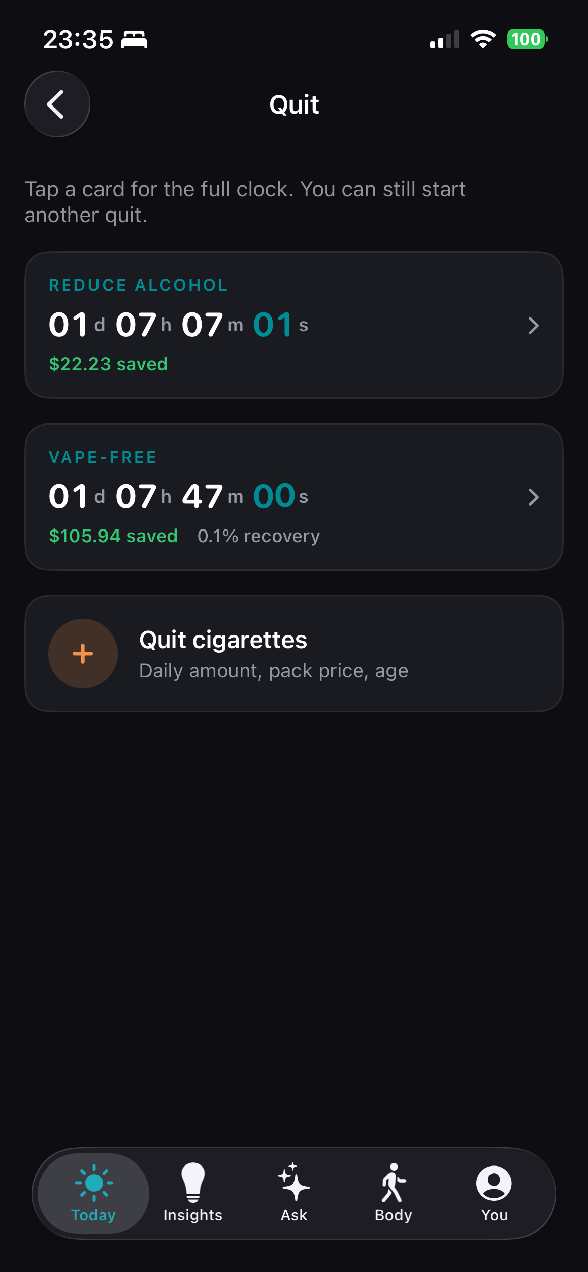 Quit alcohol and quit smoking recovery tracker in Vityss